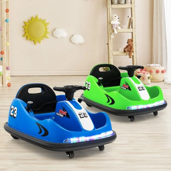Auto Tamponneuse Électrique 360°/6V pour Enfants Télécommande 2.4G Double Joystick Lumières LED pour 1,5-6 Ans Vert