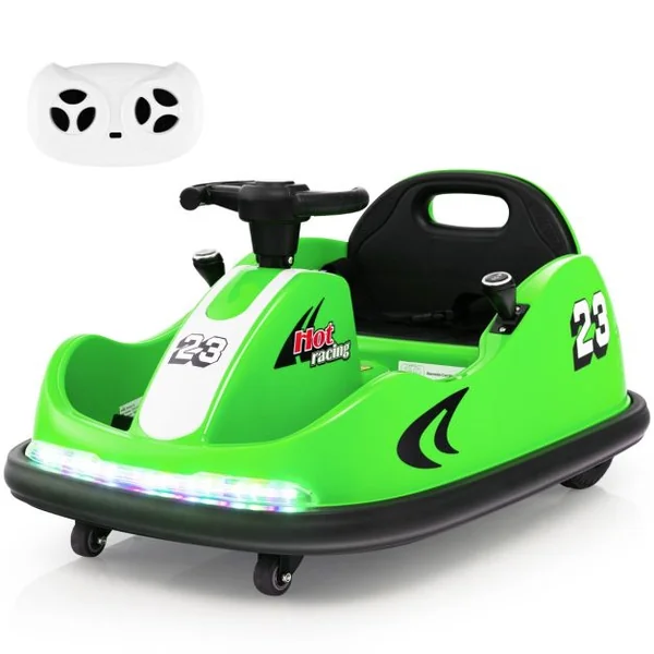 Auto Tamponneuse Électrique 360°/6V pour Enfants Télécommande 2.4G Double Joystick Lumières LED pour 1,5-6 Ans Vert