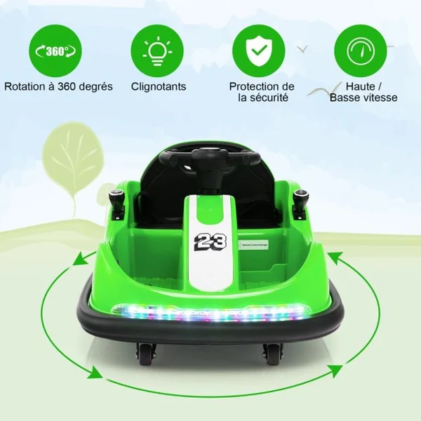 Auto Tamponneuse Électrique 360°/6V pour Enfants Télécommande 2.4G Double Joystick Lumières LED pour 1,5-6 Ans Vert