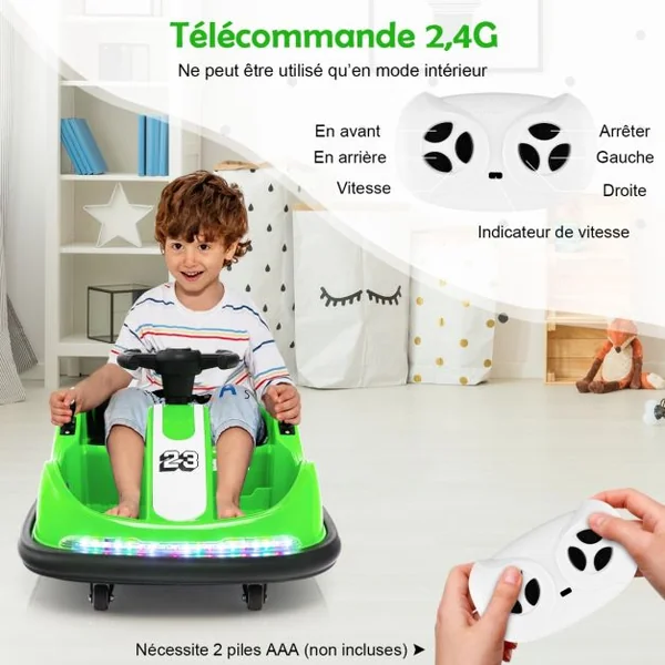 Auto Tamponneuse Électrique 360°/6V pour Enfants Télécommande 2.4G Double Joystick Lumières LED pour 1,5-6 Ans Vert