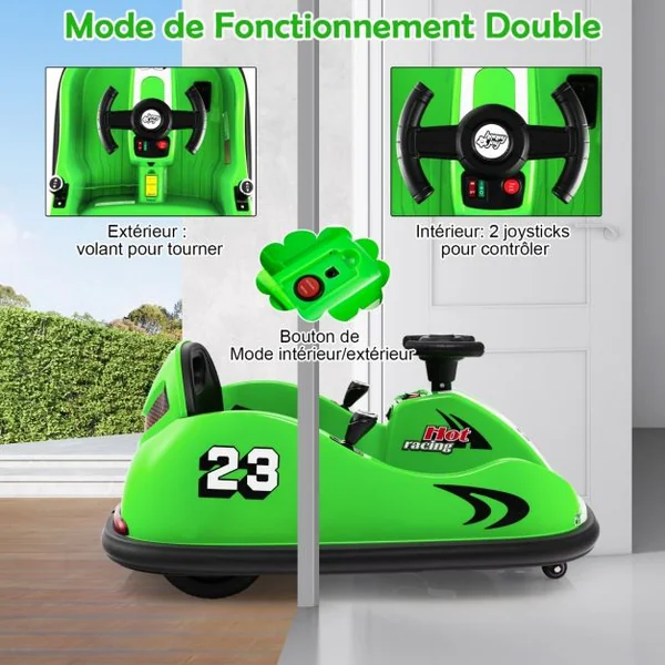 Auto Tamponneuse Électrique 360°/6V pour Enfants Télécommande 2.4G Double Joystick Lumières LED pour 1,5-6 Ans Vert