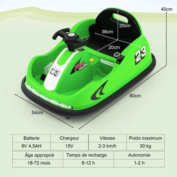 Auto Tamponneuse Électrique 360°/6V pour Enfants Télécommande 2.4G Double Joystick Lumières LED pour 1,5-6 Ans Vert