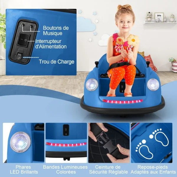 Auto-tamponneuse Electrique 12V pour Enfants Alimentée par Batterie Télécommande Lumières LED Musique pour les 2-5 Ans Rose/Rouge/Bleu