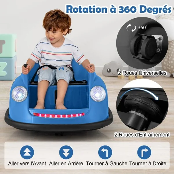 Auto-tamponneuse Electrique 12V pour Enfants Alimentée par Batterie Télécommande Lumières LED Musique pour les 2-5 Ans Rose/Rouge/Bleu