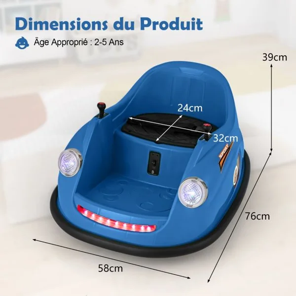 Auto-tamponneuse Electrique 12V pour Enfants Alimentée par Batterie Télécommande Lumières LED Musique pour les 2-5 Ans Rose/Rouge/Bleu