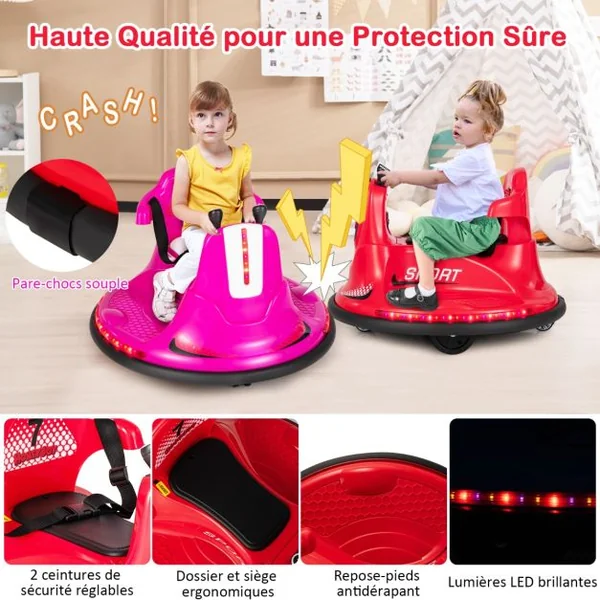 Auto-Tamponneuse Electrique 360° pour Enfants Télécommande 2.4G Contours Anti-Chocs pour Garçon et Fille 3-8 Ans Bleu/ Rose/ Rouge/Violet
