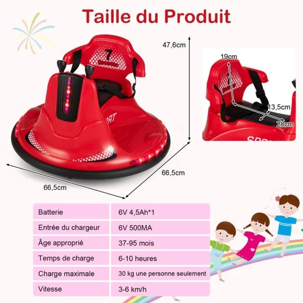 Auto-Tamponneuse Electrique 360° pour Enfants Télécommande 2.4G Contours Anti-Chocs pour Garçon et Fille 3-8 Ans Bleu/ Rose/ Rouge/Violet