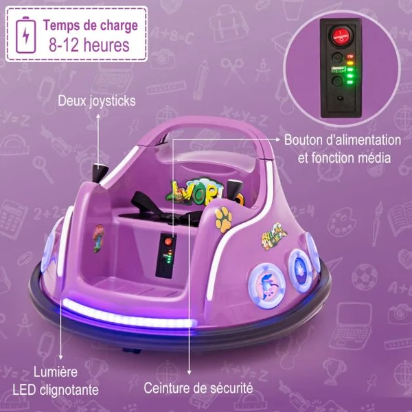 Auto-tamponneuse Électrique 12 V avec rotation à 360° Télécommande Lumières Musique intégrée Connexion sans Fil pour 3-8 Ans Bleu/Rouge/Rose/Violet