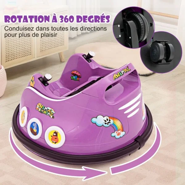 Auto-tamponneuse Électrique 12 V avec rotation à 360° Télécommande Lumières Musique intégrée Connexion sans Fil pour 3-8 Ans Bleu/Rouge/Rose/Violet