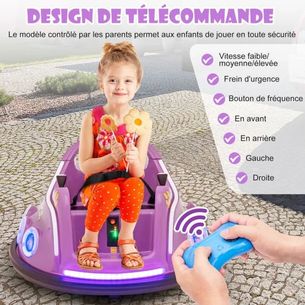 Auto-tamponneuse Électrique 12 V avec rotation à 360° Télécommande Lumières Musique intégrée Connexion sans Fil pour 3-8 Ans Bleu/Rouge/Rose/Violet