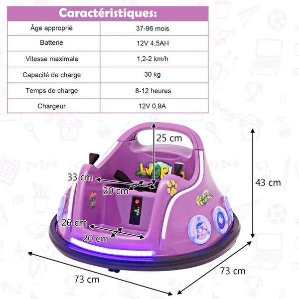 Auto-tamponneuse Électrique 12 V avec rotation à 360° Télécommande Lumières Musique intégrée Connexion sans Fil pour 3-8 Ans Bleu/Rouge/Rose/Violet