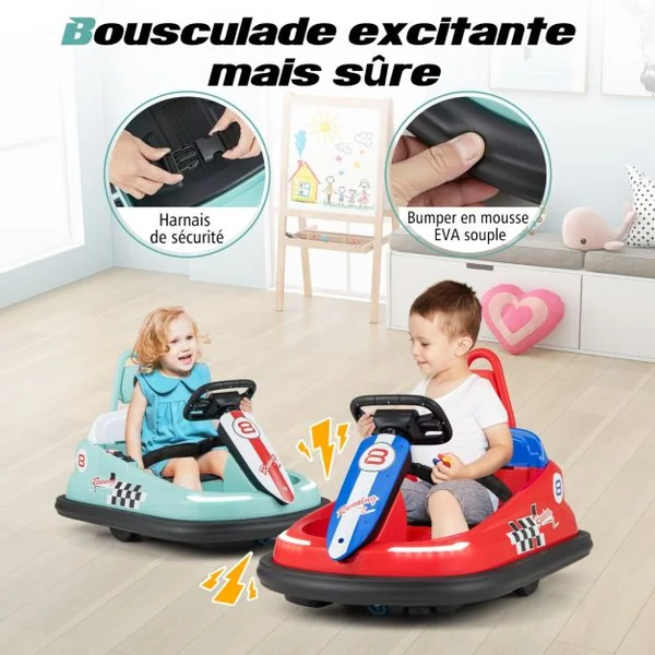 Auto-tamponneuse Électrique 6 V pour Enfants Pare-chocs Soupe Rotation à 360° Double Moteurs 2 Vitesses Volant Jouet avec Musique et Lumières Led Rose