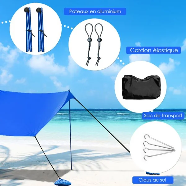 Auvent de Plage avec Sac de Transport et 4 Sacs de Sable Fait en Lycra Tente de Plage UPF 50+ 210x210cm pour Plage Camping