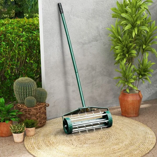 Aérateur à Gazon Roulant de 46 cm Scarificateur Manuel à Pointes Rotatives avec Large Écran de Protection Longue Poignée 46 x 15 x 127 cm Vert