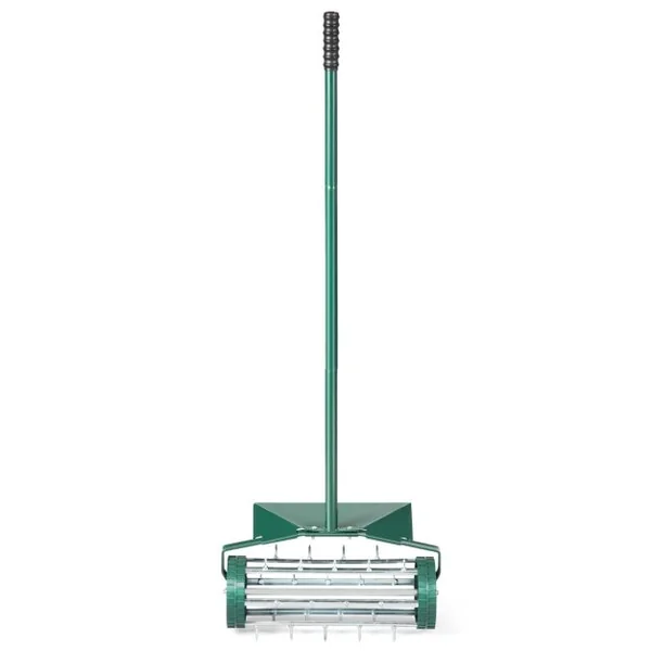 Aérateur à Gazon Roulant de 46 cm Scarificateur Manuel à Pointes Rotatives avec Large Écran de Protection Longue Poignée 46 x 15 x 127 cm Vert