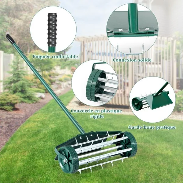 Aérateur à Gazon Roulant de 46 cm Scarificateur Manuel à Pointes Rotatives avec Large Écran de Protection Longue Poignée 46 x 15 x 127 cm Vert