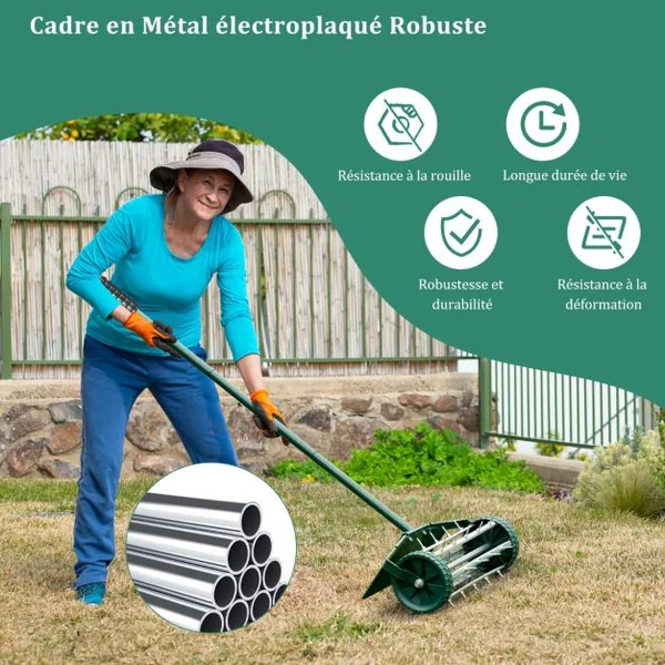 Aérateur à Gazon Roulant de 46 cm Scarificateur Manuel à Pointes Rotatives avec Large Écran de Protection Longue Poignée 46 x 15 x 127 cm Vert