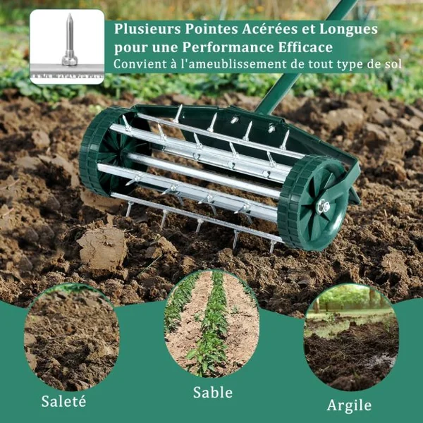 Aérateur à Gazon Roulant de 46 cm Scarificateur Manuel à Pointes Rotatives avec Large Écran de Protection Longue Poignée 46 x 15 x 127 cm Vert