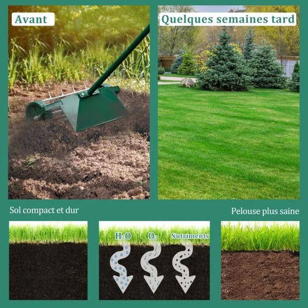 Aérateur à Gazon Roulant de 46 cm Scarificateur Manuel à Pointes Rotatives avec Large Écran de Protection Longue Poignée 46 x 15 x 127 cm Vert