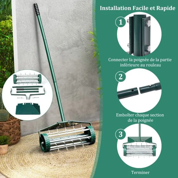 Aérateur à Gazon Roulant de 46 cm Scarificateur Manuel à Pointes Rotatives avec Large Écran de Protection Longue Poignée 46 x 15 x 127 cm Vert