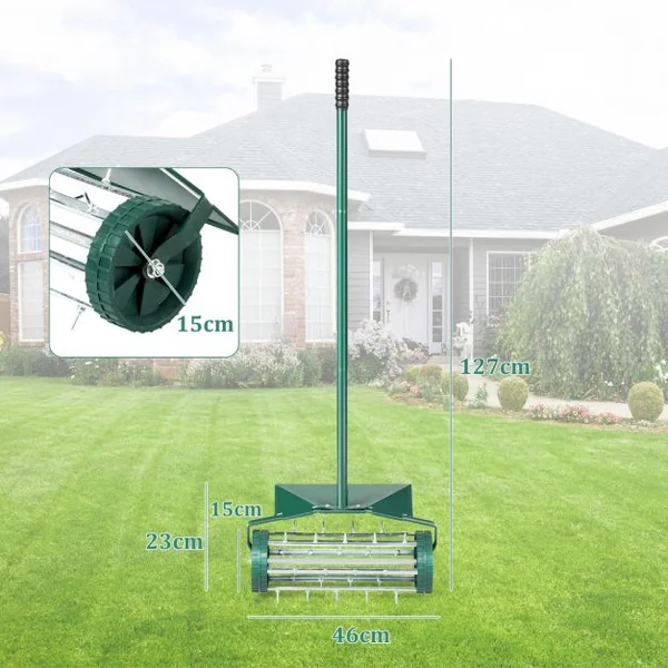 Aérateur à Gazon Roulant de 46 cm Scarificateur Manuel à Pointes Rotatives avec Large Écran de Protection Longue Poignée 46 x 15 x 127 cm Vert
