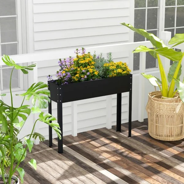 Bac à Jardin Surélevé Jardinière Métallique Élevée avec Pieds Trou de Drainage Conteneur de Plantes Extérieur Intérieur Noir