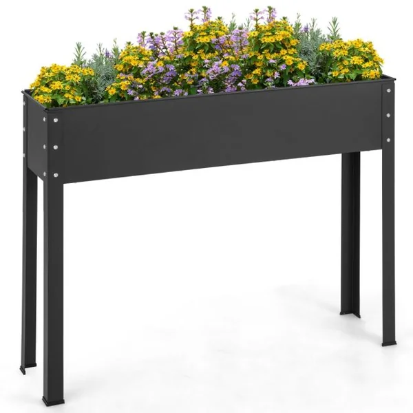 Bac à Jardin Surélevé Jardinière Métallique Élevée avec Pieds Trou de Drainage Conteneur de Plantes Extérieur Intérieur Noir