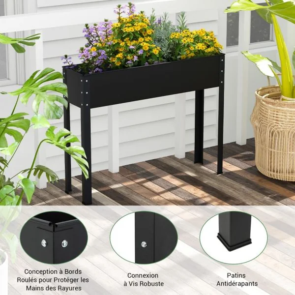 Bac à Jardin Surélevé Jardinière Métallique Élevée avec Pieds Trou de Drainage Conteneur de Plantes Extérieur Intérieur Noir