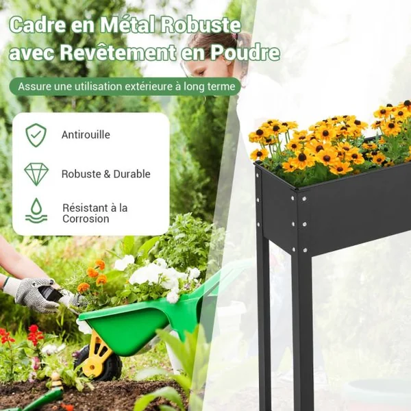 Bac à Jardin Surélevé Jardinière Métallique Élevée avec Pieds Trou de Drainage Conteneur de Plantes Extérieur Intérieur Noir