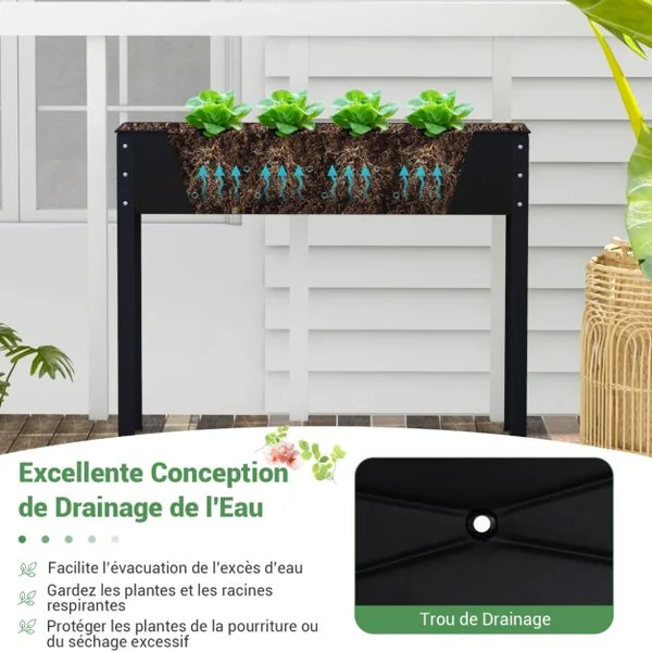 Bac à Jardin Surélevé Jardinière Métallique Élevée avec Pieds Trou de Drainage Conteneur de Plantes Extérieur Intérieur Noir