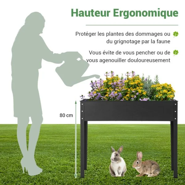Bac à Jardin Surélevé Jardinière Métallique Élevée avec Pieds Trou de Drainage Conteneur de Plantes Extérieur Intérieur Noir