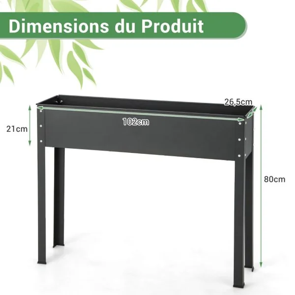 Bac à Jardin Surélevé Jardinière Métallique Élevée avec Pieds Trou de Drainage Conteneur de Plantes Extérieur Intérieur Noir