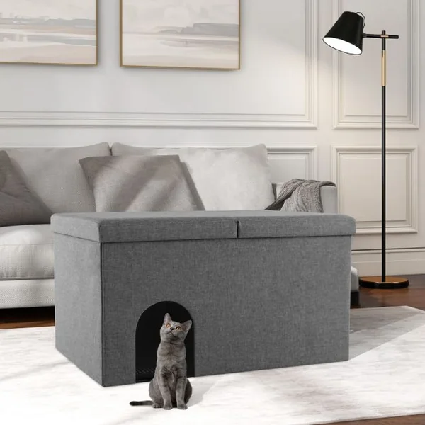 Bac à Litière pour Chat Tapis de Litière Résistant Filtre à Charbon Anti-odeur Couvercle Rabattable Armoire à Litière Étanche pour Animaux Beige