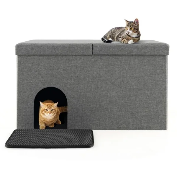 Bac à Litière pour Chat Tapis de Litière Résistant Filtre à Charbon Anti-odeur Couvercle Rabattable Armoire à Litière Étanche pour Animaux Beige
