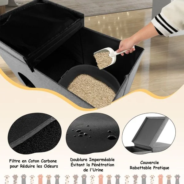 Bac à Litière pour Chat Tapis de Litière Résistant Filtre à Charbon Anti-odeur Couvercle Rabattable Armoire à Litière Étanche pour Animaux Beige