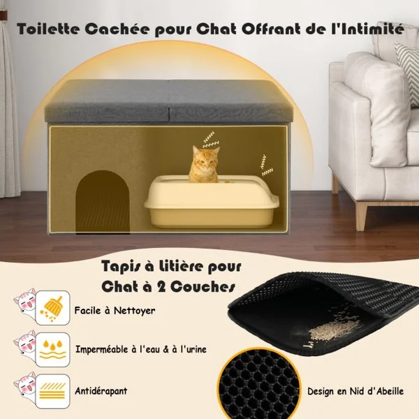 Bac à Litière pour Chat Tapis de Litière Résistant Filtre à Charbon Anti-odeur Couvercle Rabattable Armoire à Litière Étanche pour Animaux Beige