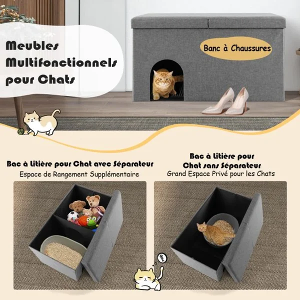 Bac à Litière pour Chat Tapis de Litière Résistant Filtre à Charbon Anti-odeur Couvercle Rabattable Armoire à Litière Étanche pour Animaux Beige