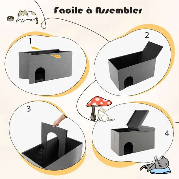 Bac à Litière pour Chat Tapis de Litière Résistant Filtre à Charbon Anti-odeur Couvercle Rabattable Armoire à Litière Étanche pour Animaux Beige