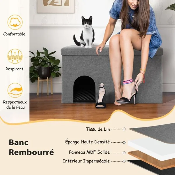 Bac à Litière pour Chat Tapis de Litière Résistant Filtre à Charbon Anti-odeur Couvercle Rabattable Armoire à Litière Étanche pour Animaux Beige