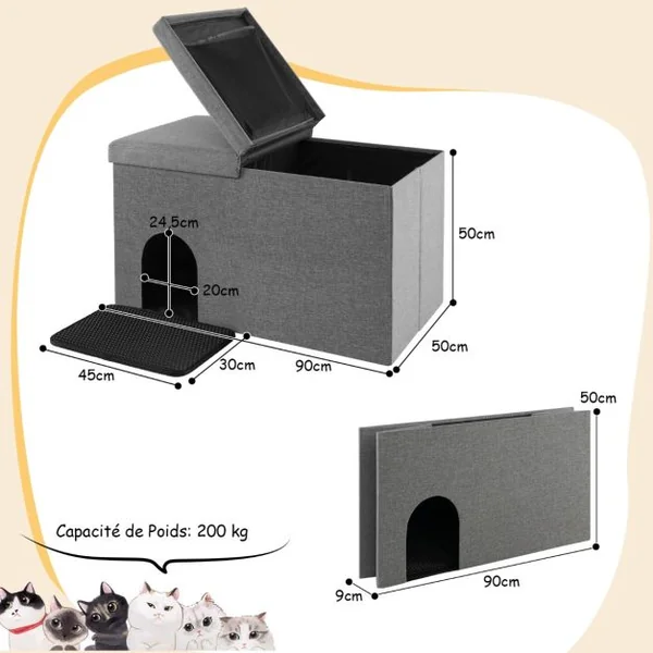 Bac à Litière pour Chat Tapis de Litière Résistant Filtre à Charbon Anti-odeur Couvercle Rabattable Armoire à Litière Étanche pour Animaux Beige