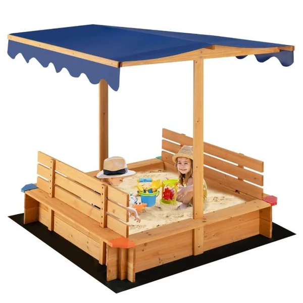 Bac à Sable en Bois de Sapin avec Toit & 2 Bancs Amovibles Bac à Sable avec Conception sans Fond & Doublure Charge 60kg pour 3 Ans+