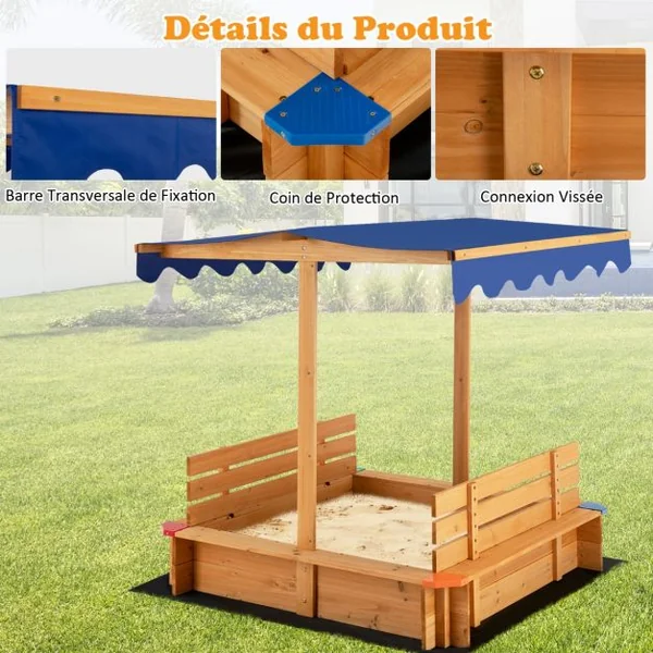 Bac à Sable en Bois de Sapin avec Toit & 2 Bancs Amovibles Bac à Sable avec Conception sans Fond & Doublure Charge 60kg pour 3 Ans+