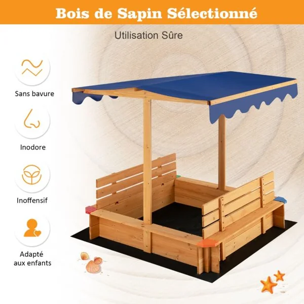 Bac à Sable en Bois de Sapin avec Toit & 2 Bancs Amovibles Bac à Sable avec Conception sans Fond & Doublure Charge 60kg pour 3 Ans+