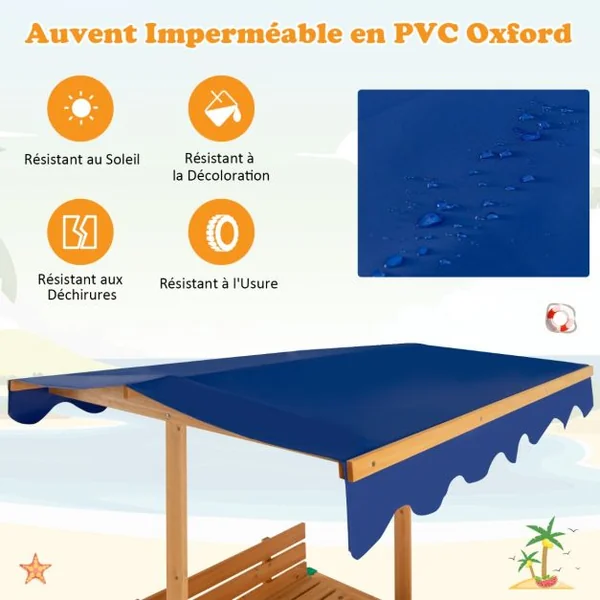 Bac à Sable en Bois de Sapin avec Toit & 2 Bancs Amovibles Bac à Sable avec Conception sans Fond & Doublure Charge 60kg pour 3 Ans+