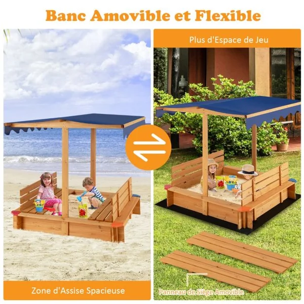Bac à Sable en Bois de Sapin avec Toit & 2 Bancs Amovibles Bac à Sable avec Conception sans Fond & Doublure Charge 60kg pour 3 Ans+