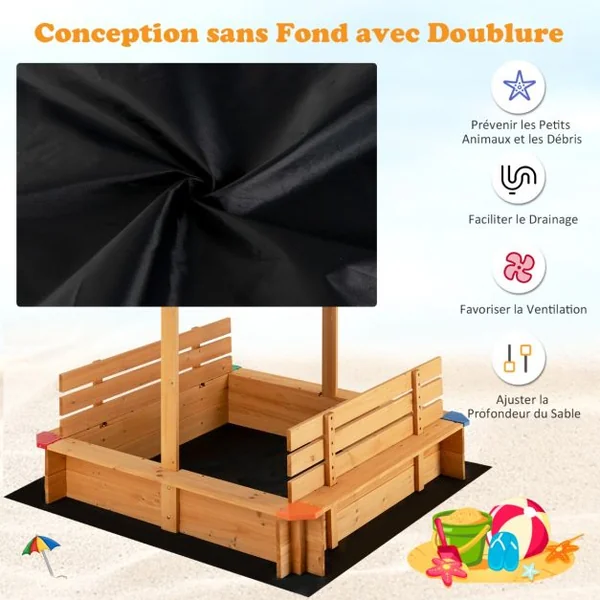 Bac à Sable en Bois de Sapin avec Toit & 2 Bancs Amovibles Bac à Sable avec Conception sans Fond & Doublure Charge 60kg pour 3 Ans+