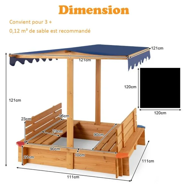Bac à Sable en Bois de Sapin avec Toit & 2 Bancs Amovibles Bac à Sable avec Conception sans Fond & Doublure Charge 60kg pour 3 Ans+