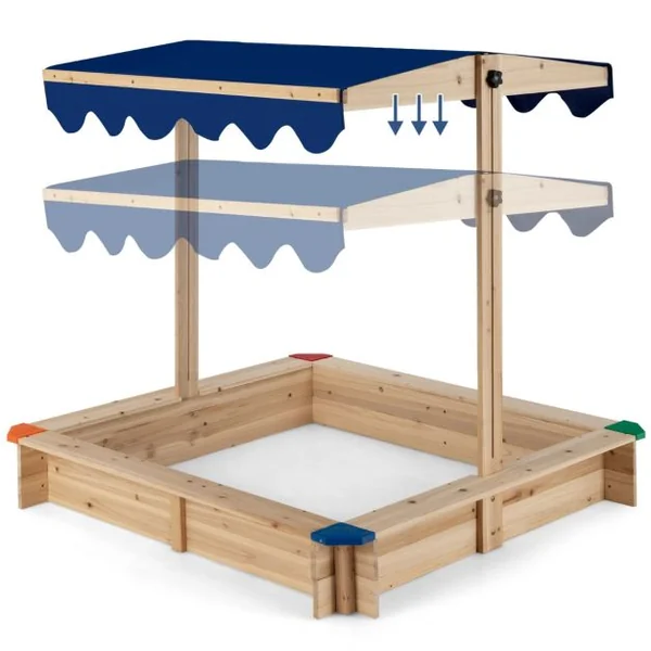 Bac à Sable en Bois de Sapin avec Toit Réglable & Inclinable Bac à Sable Extérieur avec Conception sans Fond Charge 90kg pour 3 Ans+