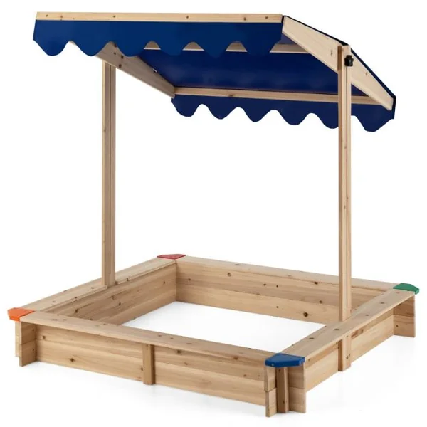 Bac à Sable en Bois de Sapin avec Toit Réglable & Inclinable Bac à Sable Extérieur avec Conception sans Fond Charge 90kg pour 3 Ans+