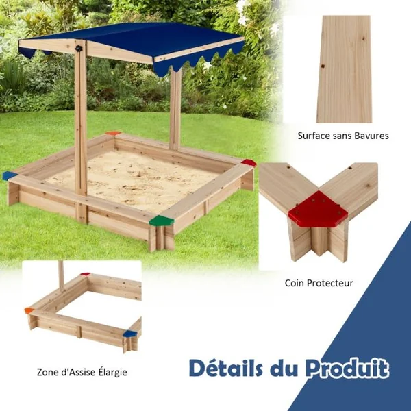 Bac à Sable en Bois de Sapin avec Toit Réglable & Inclinable Bac à Sable Extérieur avec Conception sans Fond Charge 90kg pour 3 Ans+